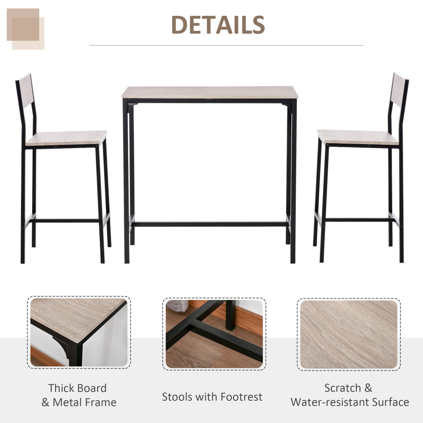 3-Piece Bar Table Set With 2 Stools, Industrial Breakfast Bar Set With Footrest, Backrest For Dining Room, Small Space