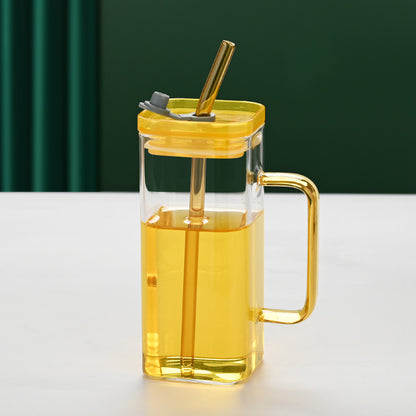 6 Pcs Glass Straw Cup, 6 Colors Square Glass Cup With Straw And Lid, High Borosilicate Glass Cup, Milk Cup, Juice Cup, Cold Drink Cup, Coffee Cup, Tea Cup, Office Cup, Gift Cup