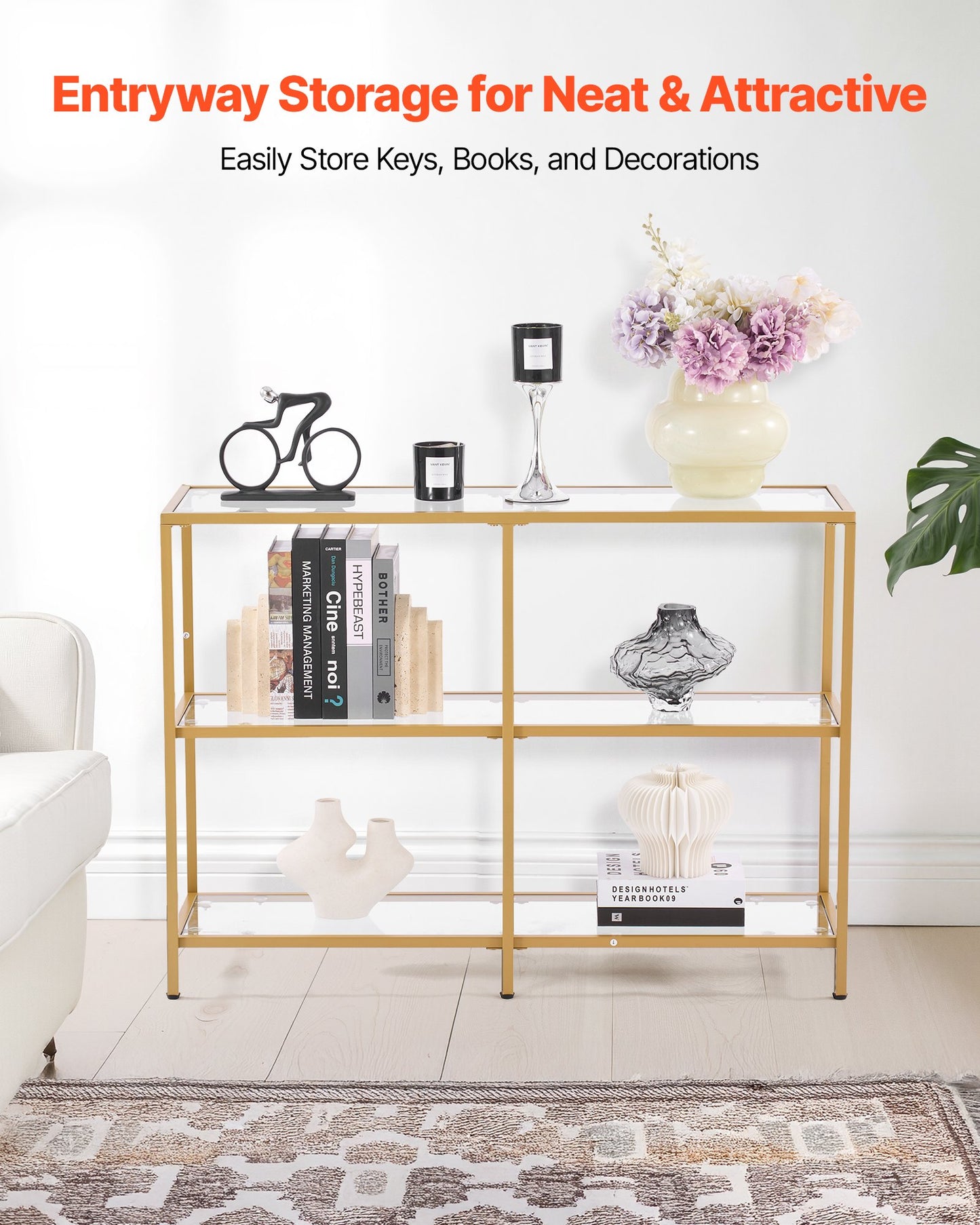3-Tier Glass Console Table, Modern Rectangle Sofa Side Table With Tempered Glass Top And Iron Legs, Golden Consloe Desk With Anti-Tip Device For Living Room, Hallway, Entryway, Foyer, Golden