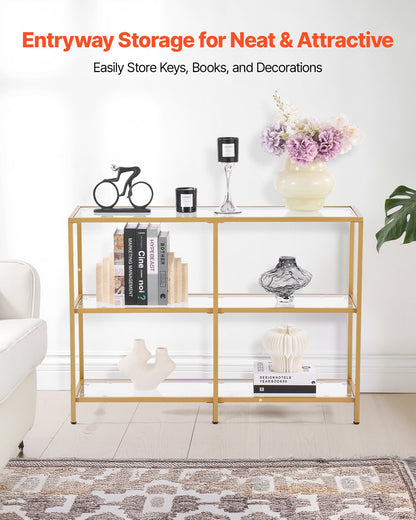 3-Tier Glass Console Table, Modern Rectangle Sofa Side Table With Tempered Glass Top And Iron Legs, Golden Consloe Desk With Anti-Tip Device For Living Room, Hallway, Entryway, Foyer, Golden