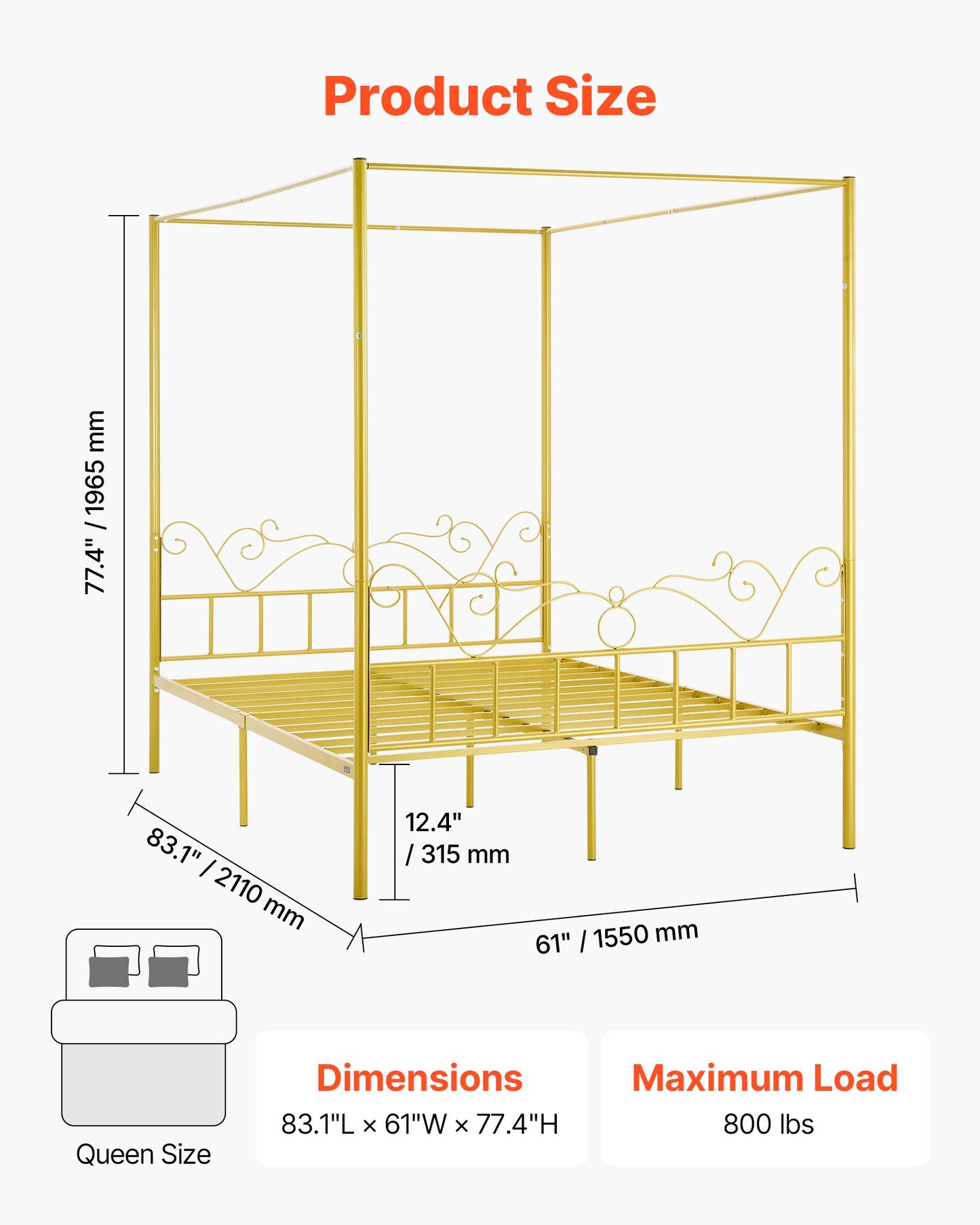 Queen Size Canopy Bed Frame, Metal Canopy Bed With Minimalist Headboard & Four Posters Design, Heavy Duty Steel Slats Support, Underbed Storage Space, No Box Spring Needed, Easy Assembly, Gold