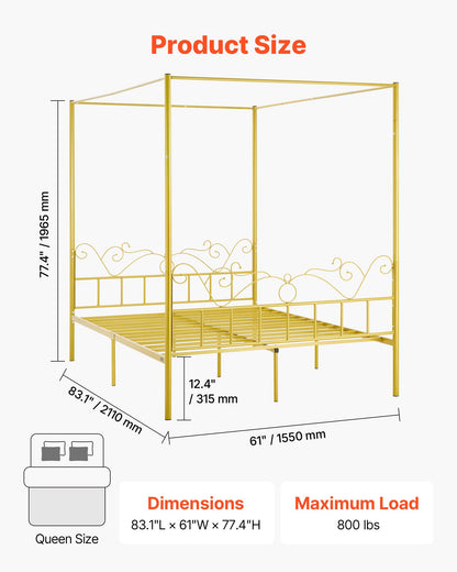 Queen Size Canopy Bed Frame, Metal Canopy Bed With Minimalist Headboard & Four Posters Design, Heavy Duty Steel Slats Support, Underbed Storage Space, No Box Spring Needed, Easy Assembly, Gold