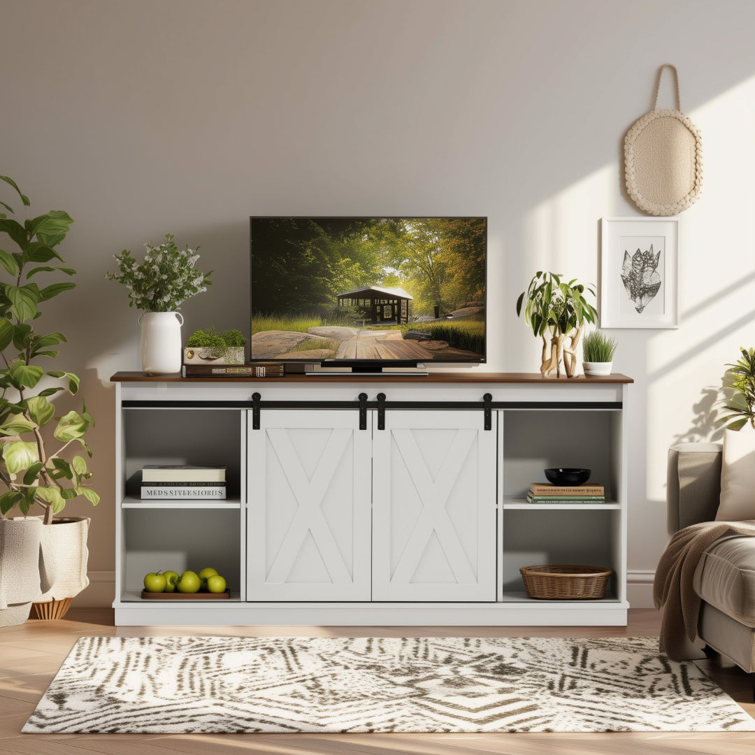 65-inch Solid Wood TV Cabinet With Double-layer Storage Space Sliding Door, Modern Living Room Furniture