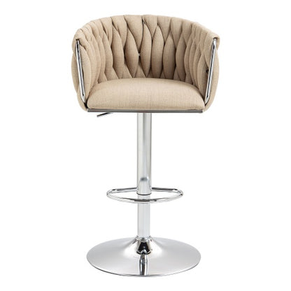360 Fabric Cover Swivel Bar Stools Set Of 2, Adjustable Counter Height Bar Chairs With Woven Back & Footrest, Silver Chromed Bar Stools For Kitchen Island, Cafe, Pub