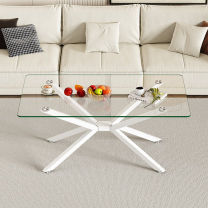 39.37  Rectangle Clear Glass Glass Coffee Table,Stylish Design With White Metal Legs, Coffee Table For Living Room