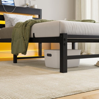 Twin Size Bed Frame Heavy Duty Platform Bed Frame With Headboard, USB Charging Station, LED Bed, No Box Spring Needed, Mattress Foundation, Strong Steel Slats, Noise Free, Black