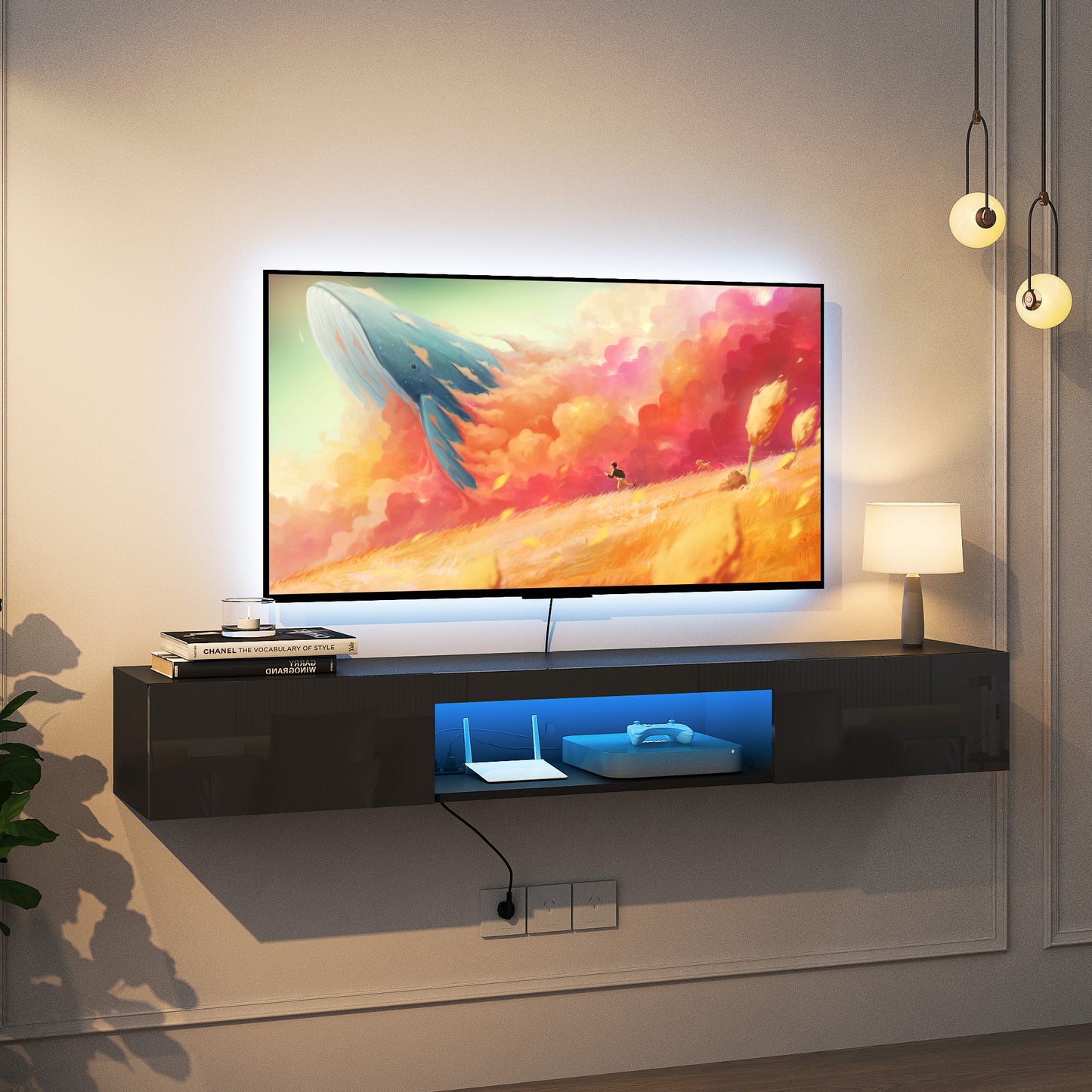 Floating TV Stand Wall Mounted With 16 Color LEDs Modern TV Stand, Floating TV Cabinet Entertainment Center For 55 60 65 Inch TV,Black