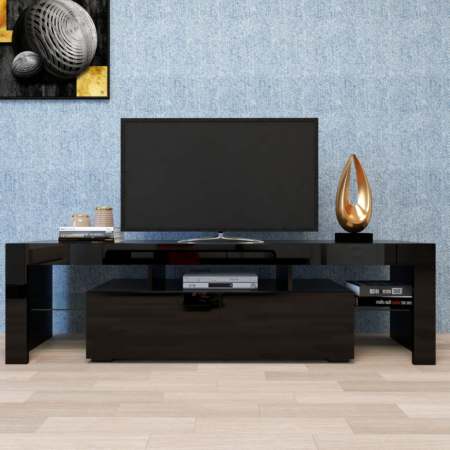 Modern Black TV Stand 20 Colors LED TV Stand W Remote Control Lights