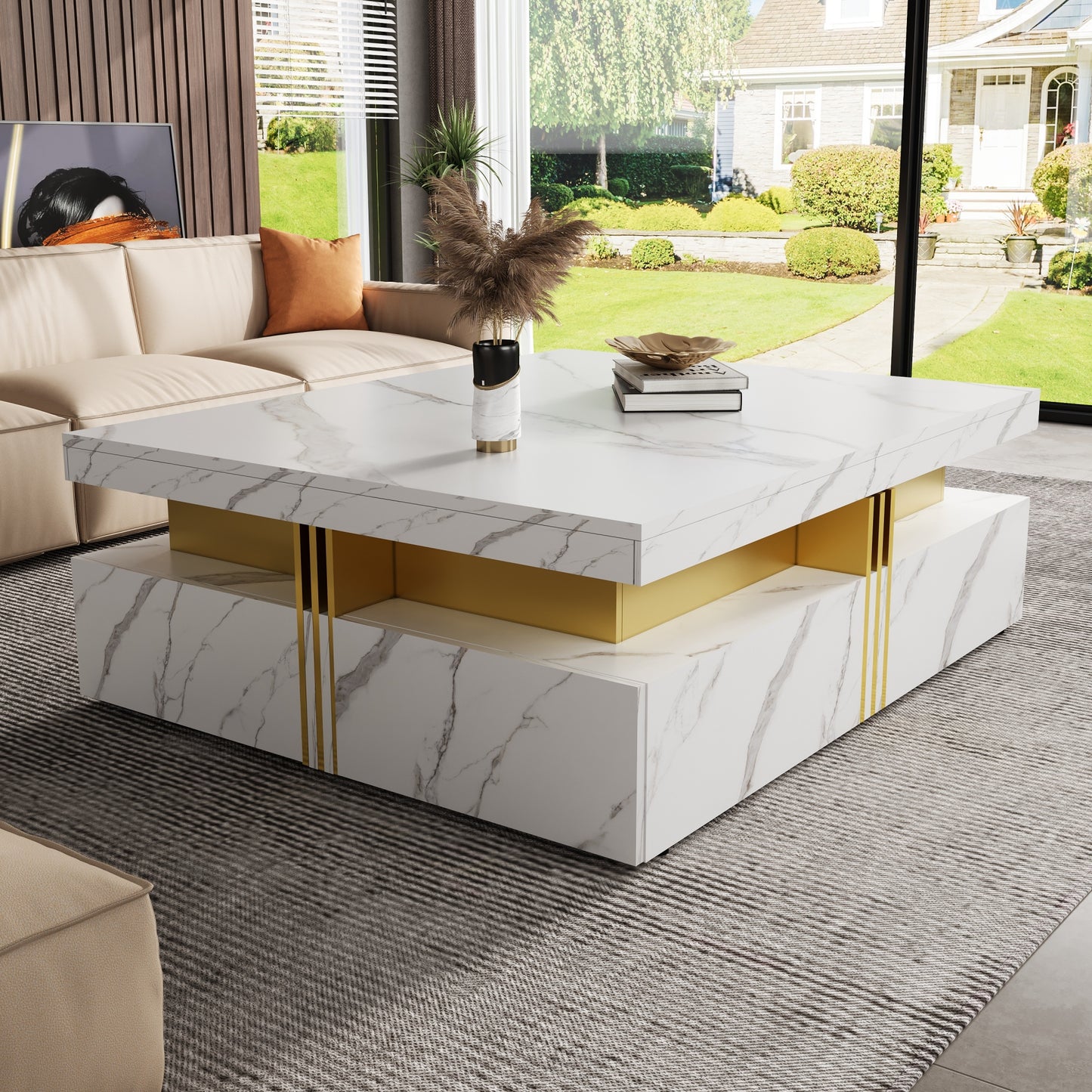 Modern White Square Storage Coffee Table With 4 Drawers