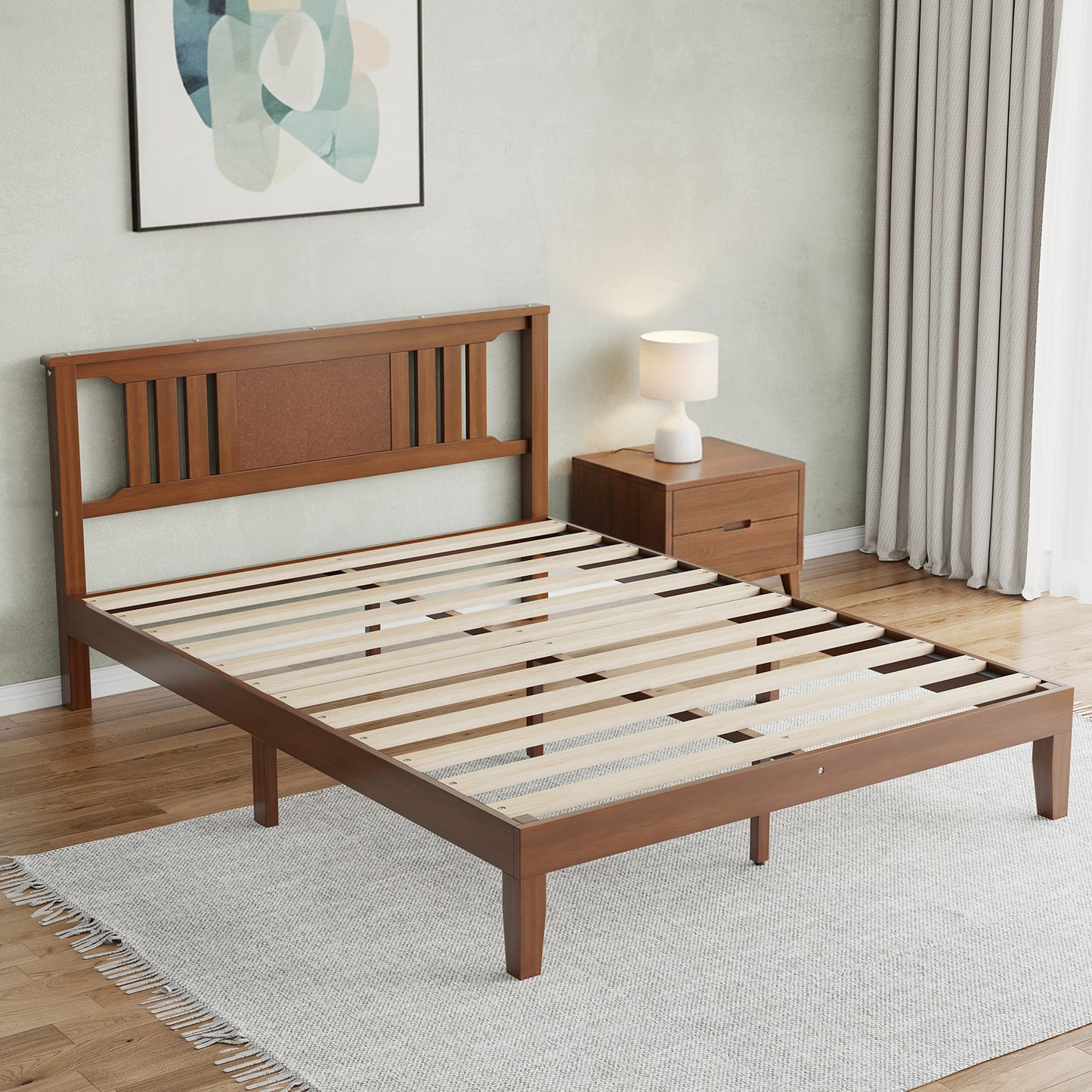 Solid Wooden Bed Frame With Headboard, Sturdy Wooden Crossbars For Support, Heavy Pine Bedroom Bed Frame