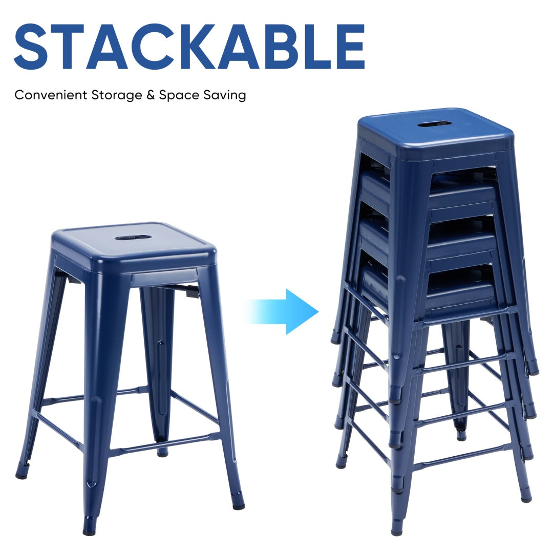 24 Inches Metal Bar Stools Set Of 4, Backless Counter Height Bar Stools For Kitchen, Outdoor Stackable Stools --No Assembly Required