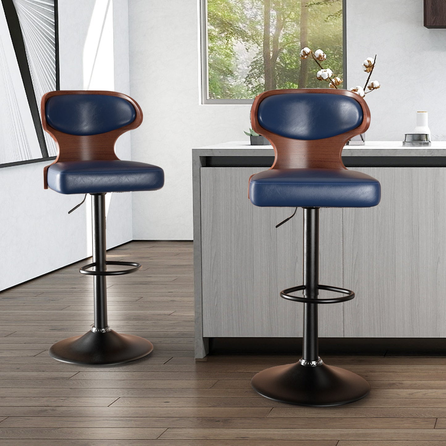 Bar Stools Set Of 2, Bentwood Swivel Barstools Seat Adjustable Height 24.5-33.5IN With Back & Footrest - PU Leather Upholstered Bar Chair For Dining Room