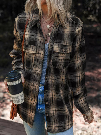 Plaid Double Flap Pocket Brushed Shacket