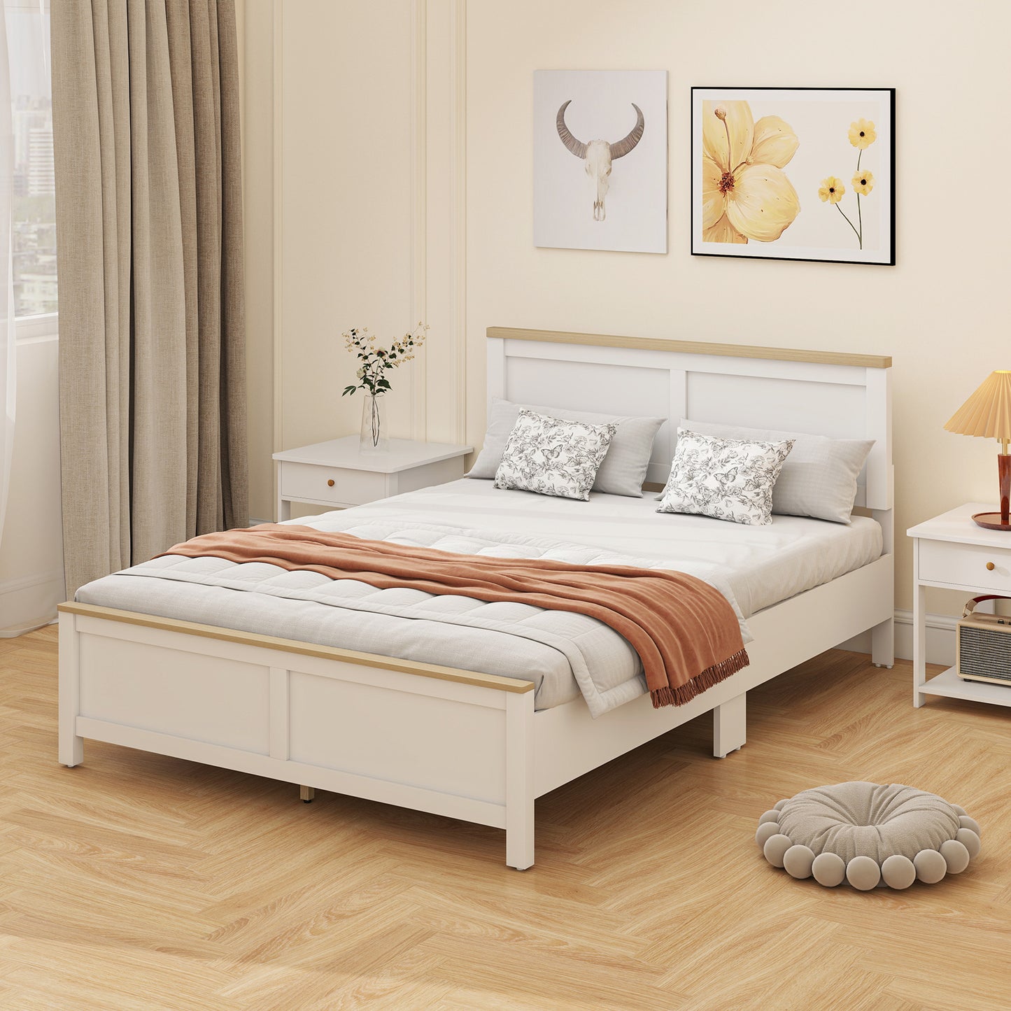 Full Bed Frame with Headboard, Modern Platform Bed Frame with Wooden Slats, No Box Spring Needed, Easy Assembly, White