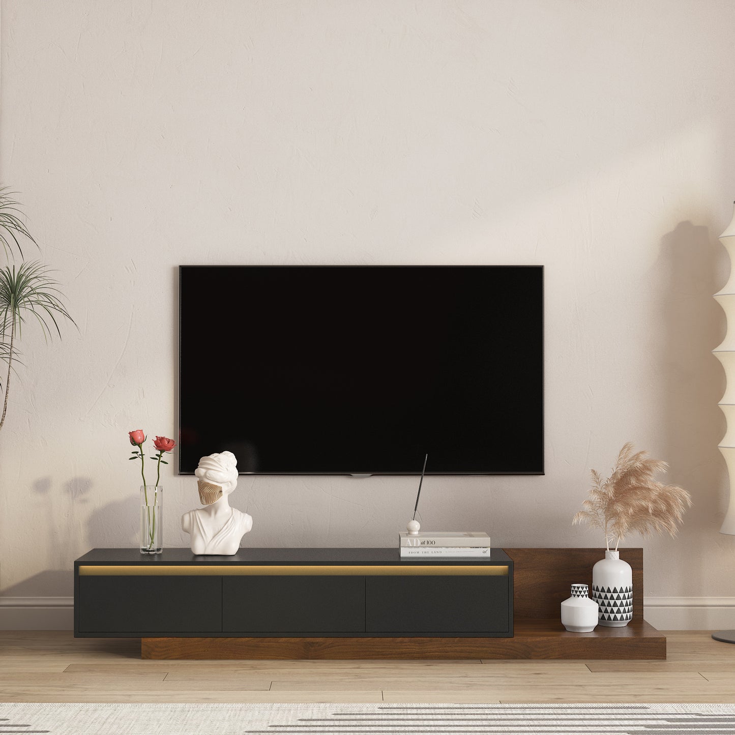 Modern Extendable TV Stand With LED Lights Wooden Entertainment Center And Media Cabinet With Storage Space, Suitable For Living Room And Bedroom Black