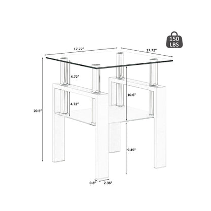 Set Of 2, Modern Tempered Glass Tea Table Coffee Table End Table, Square Table For Living Room, Transparent White