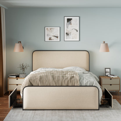 Modern Metal Bed Frame With Curved Upholstered Headboard And Footboard Bed With 4 Storage Drawers, Heavy Duty Metal Slats, Queen Size, Beige