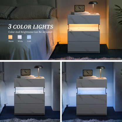 LED Nightstands 3 Drawer Dresser For Bedroom End Table With Acrylic Board LED Bedside Tables White Stone