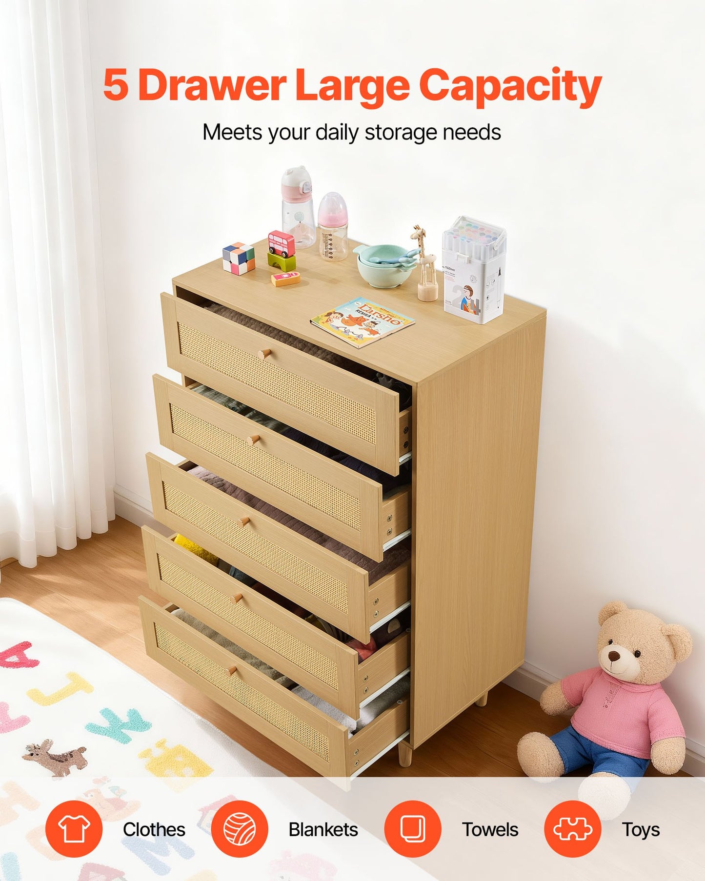 5 Drawer Rattan Dresser, Modern Closet Dresser For Bedroom, Natural Rattan Chest Of Drawers With Metal Handles & Wooden Legs, Chest Clothing Organizer & Storage For Bedroom, Living Room, Hallway