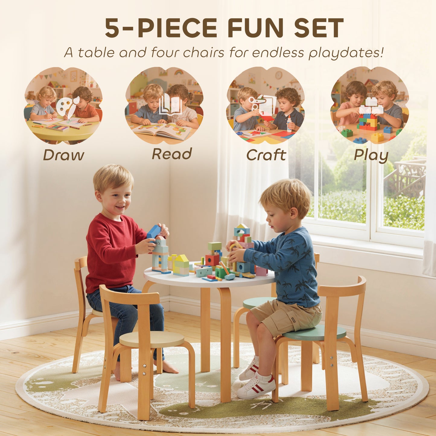 Wooden Kids Table and Chairs Set, 5 Piece Wooden Toddler Table and Chairs Set for Ages 3-8 Years, Green