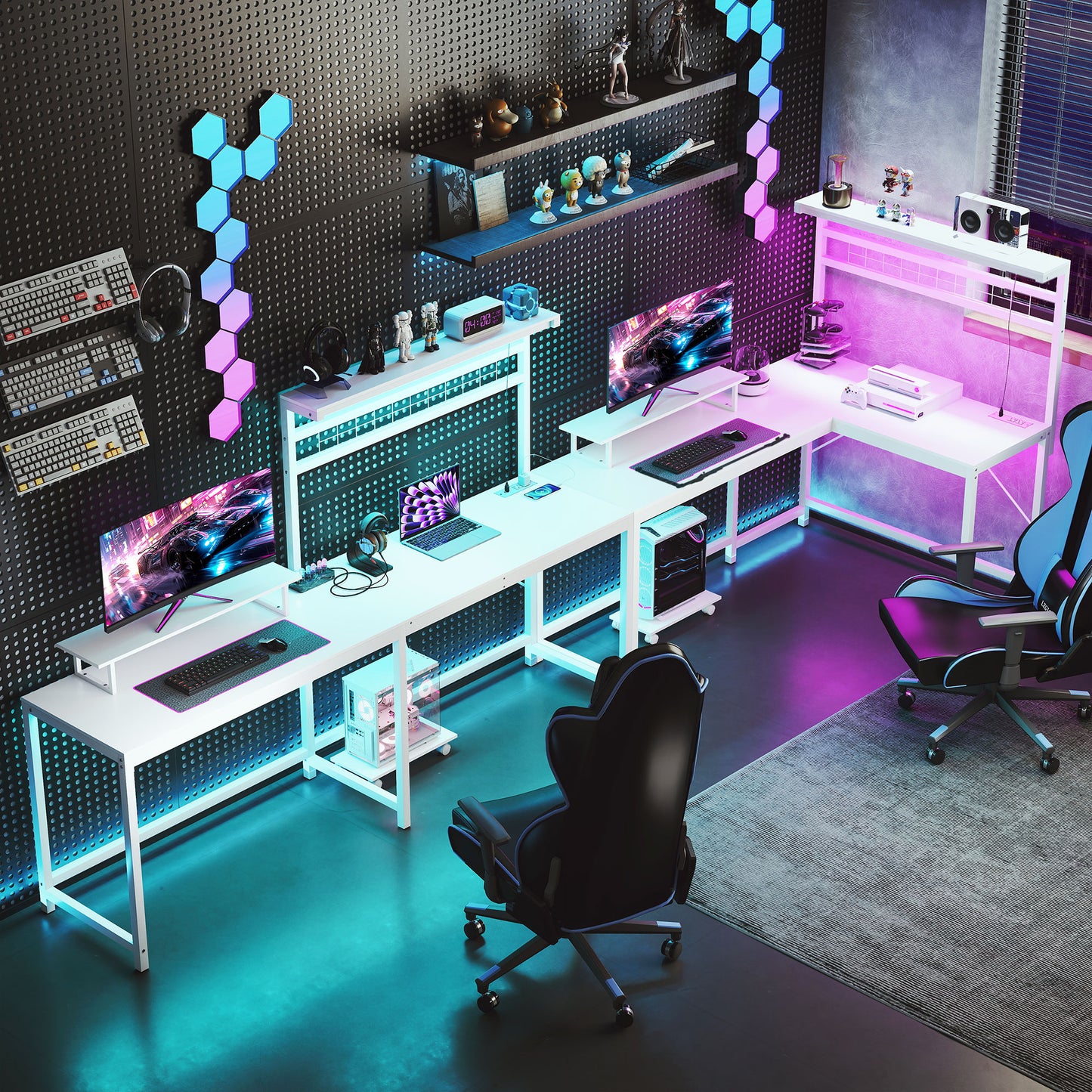 61.6" L Shaped Gaming Desk with Power Outlets & LED Lights, Computer Desk with Monitor Stand and CPU Shelf, White