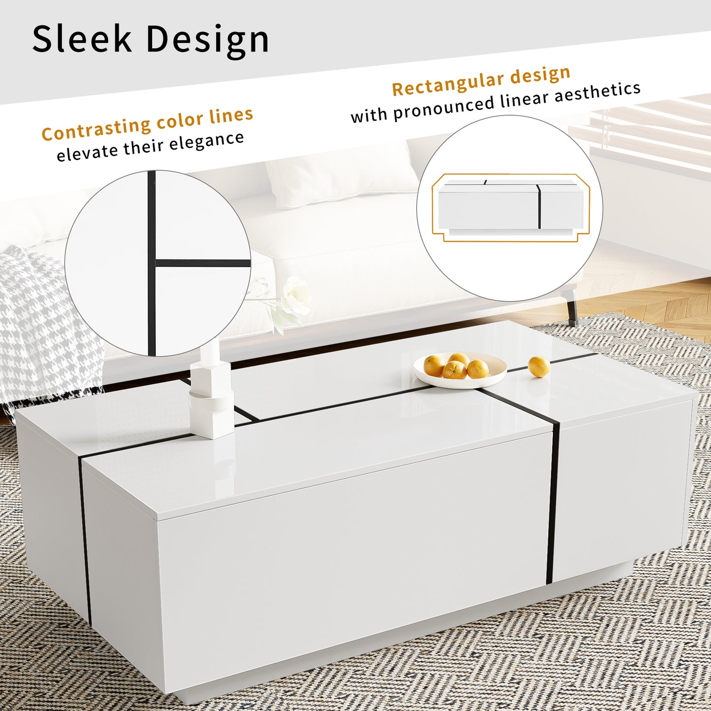U-Can 47.2 -72.7  Extendable Coffee Table, Multi-Functional Coffee Table With High-Gloss Finish, Coffee Table With 2 Hidden Storage Space And 2 Drawers For Living Room