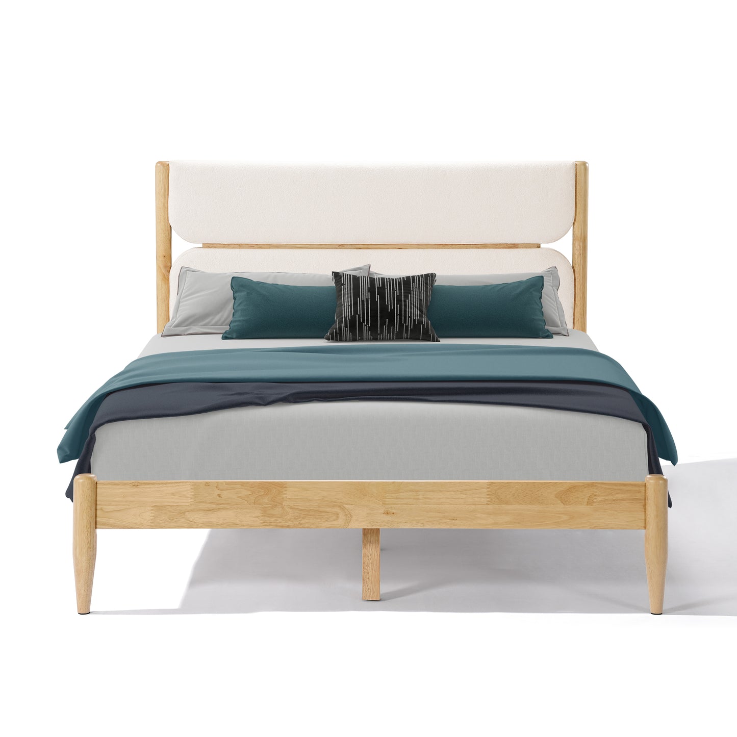 Queen Size Solid Wood Bed Frame With Fleece Upholstered Headboard, Ivory