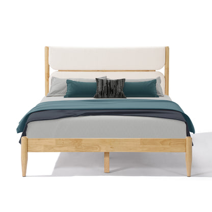 Queen Size Solid Wood Bed Frame With Fleece Upholstered Headboard, Ivory