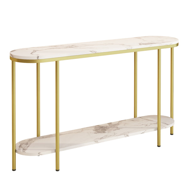 2-Tier Oval Console Table, White Faux Marble Top With Gold Metal Frame, Modern Entryway Table With Open Shelf, 42.1"×11.4"×30.5" Narrow Sofa Table For Hallway, Living Room & Foyer
