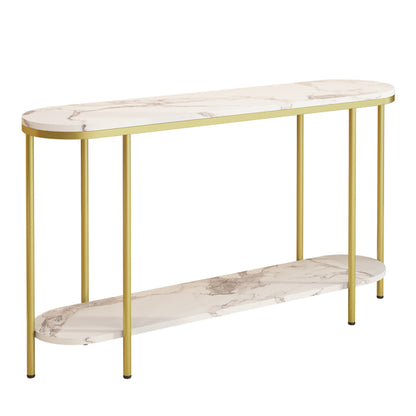 2-Tier Oval Console Table, White Faux Marble Top With Gold Metal Frame, Modern Entryway Table With Open Shelf, 42.1"×11.4"×30.5" Narrow Sofa Table For Hallway, Living Room & Foyer