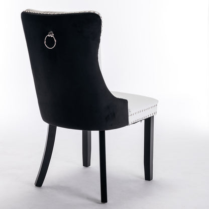 A&A Furniture,Nikki Collection Modern,High-end Tufted Solid Wood Contemporary PU And Velvet Upholstered Dining Chair With Wood Legs Nailhead Trim  2 Pcs Set,White Black