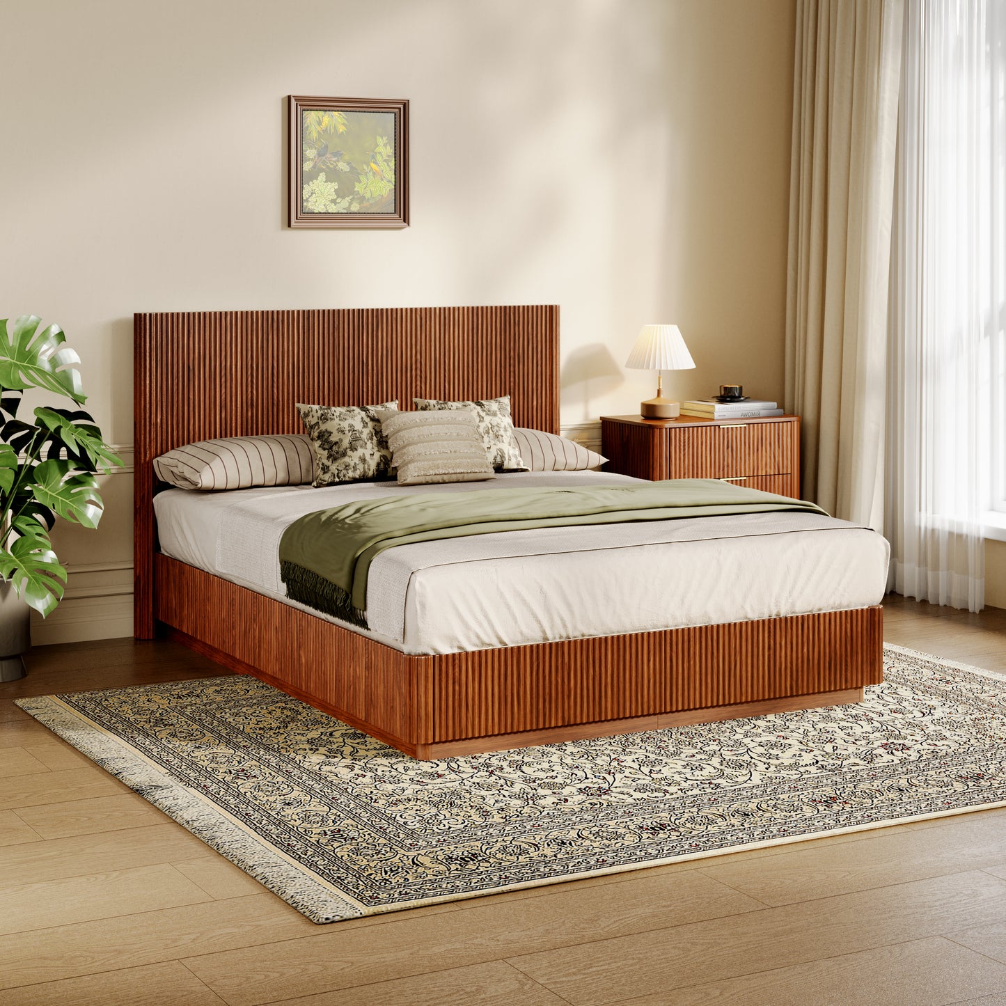 Queen Size Bed Frame With LED Lights, Modern Wooden Corrugated Curved Lines, Convex Groove Board Design, Walnut.