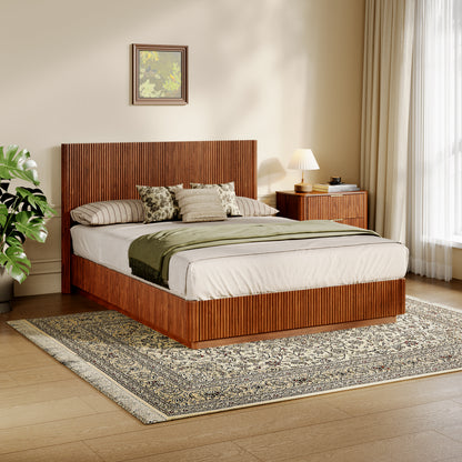 Queen Size Bed Frame With LED Lights, Modern Wooden Corrugated Curved Lines, Convex Groove Board Design, Walnut.