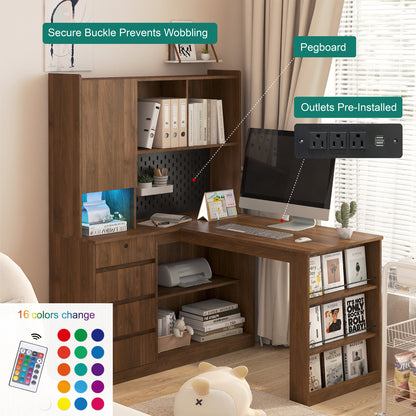 L Shaped Desk,Computer Desk With Drawers,Bookshelf,with LED Light,Modern Corner Desk,Home Office Desk,L-Shaped Study Table Writing Desk,Corner Gaming Computer Desk With Storage