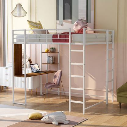 Full Size Metal Loft Bed With Desk, 2 Shelves, White - LP000191AAK