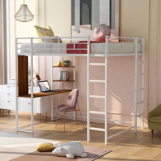 Full Size Metal Loft Bed With Desk, 2 Shelves, White - LP000191AAK