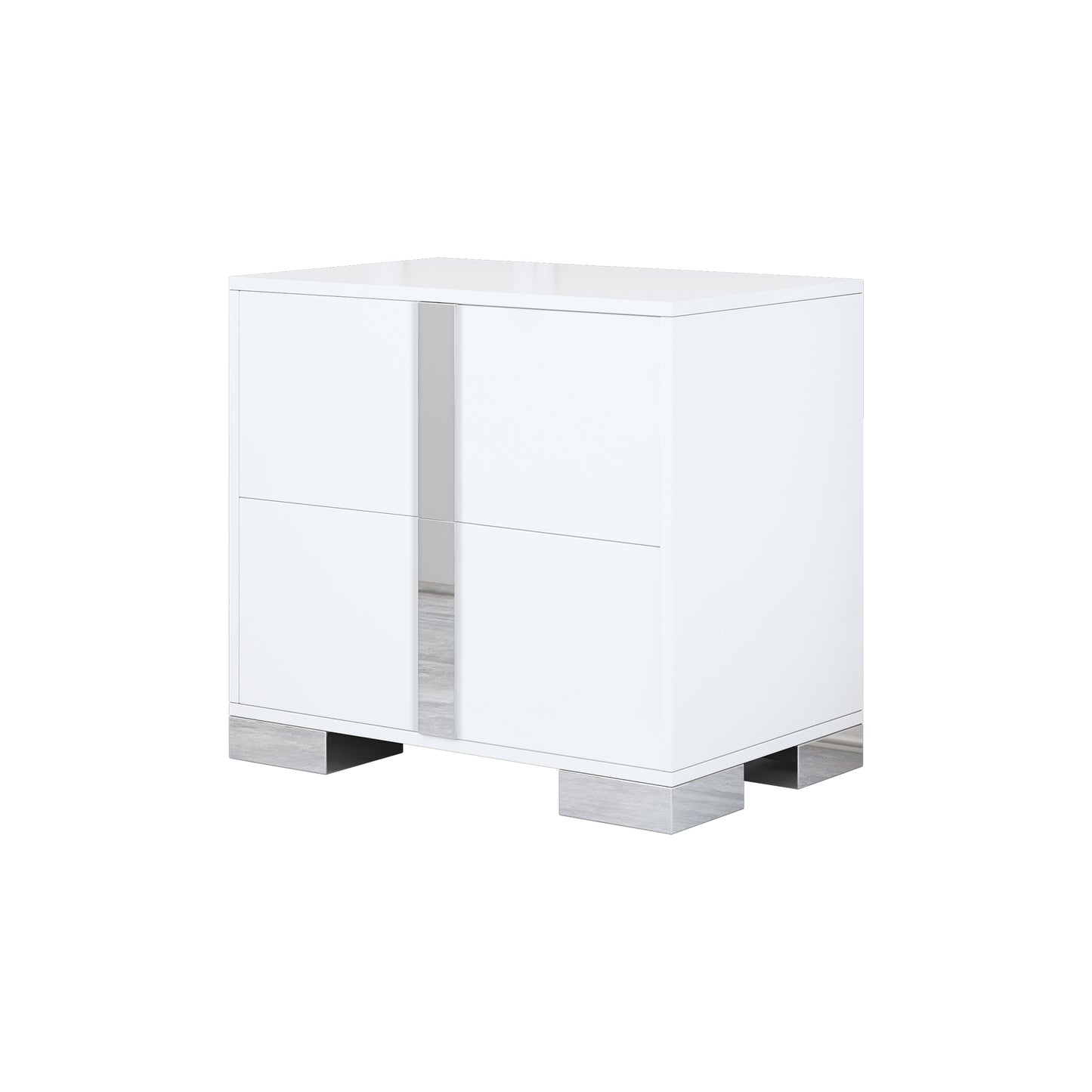 Elegant Nightstand With Metal Foot, Mirrored Bedside Table With 2 Drawers For Bedroom, Living Room, White