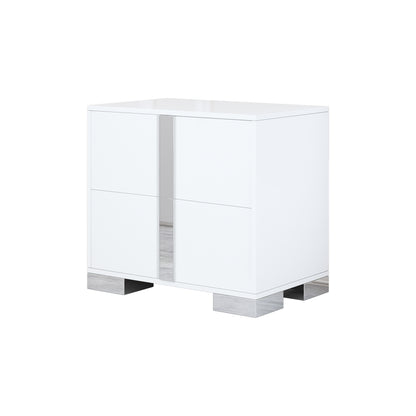 Elegant Nightstand With Metal Foot, Mirrored Bedside Table With 2 Drawers For Bedroom, Living Room, White