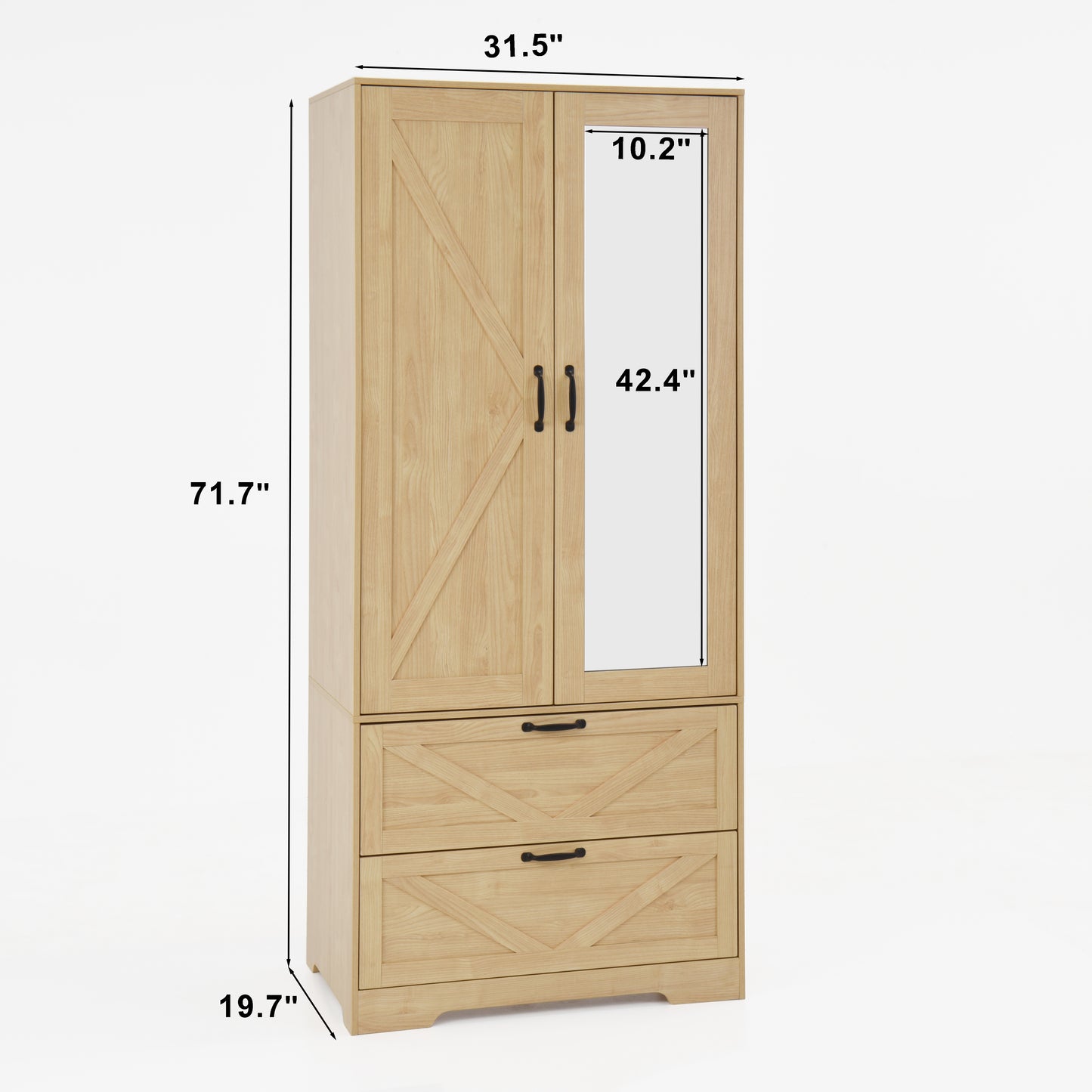 2 Door Wood Wardrobe For Bedroom With Hanging Clothing Rod Inside The Cabinet And 2 Drawers For Storage Organization, Built-in Induction Light Multifunctional Closet With Mirror, Natural