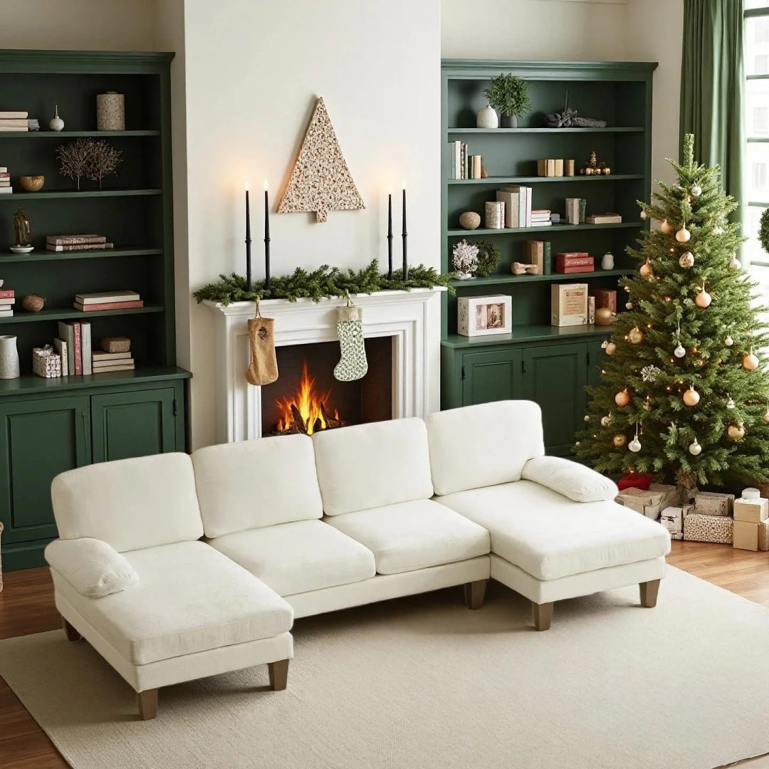 U-shaped Combination Sofa, Double Lounge Chair, Chenille Fabric 4-seat Living Room Furniture