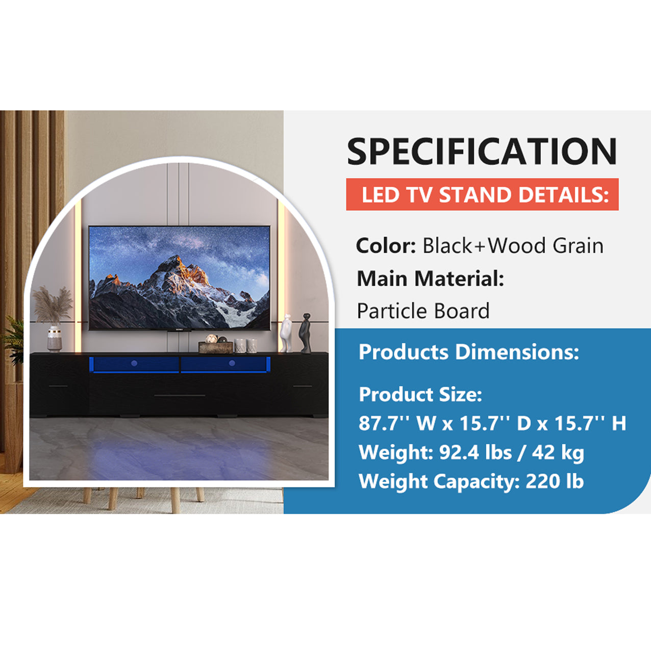TV Console With Storage Cabinet Modern Entertainment Center 31 Modes Changing Lights