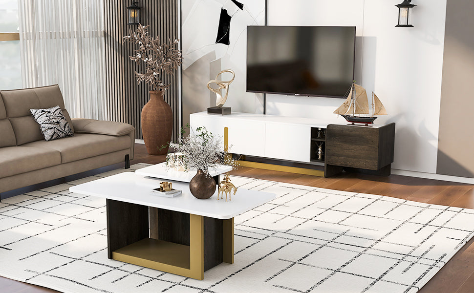 VIBE HAUS Modern Light Luxury TV Stand And Coffee Table Set Of 2, Modern TV Console,Wood Center Tables With Spacious Top, Storage Cabinet & Open Adjustable Shelves For Living Room