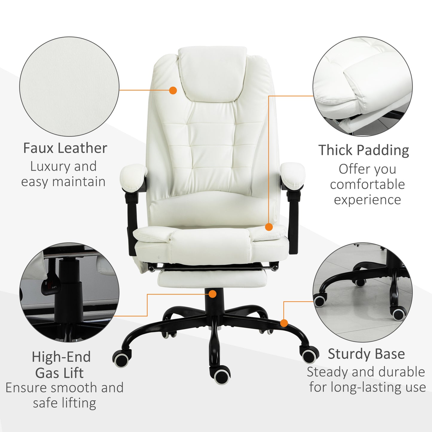 7-Point Vibrating Massage Office Chair High Back Executive Recliner with Lumbar Support, Footrest, Reclining Back, Adjustable Height, White