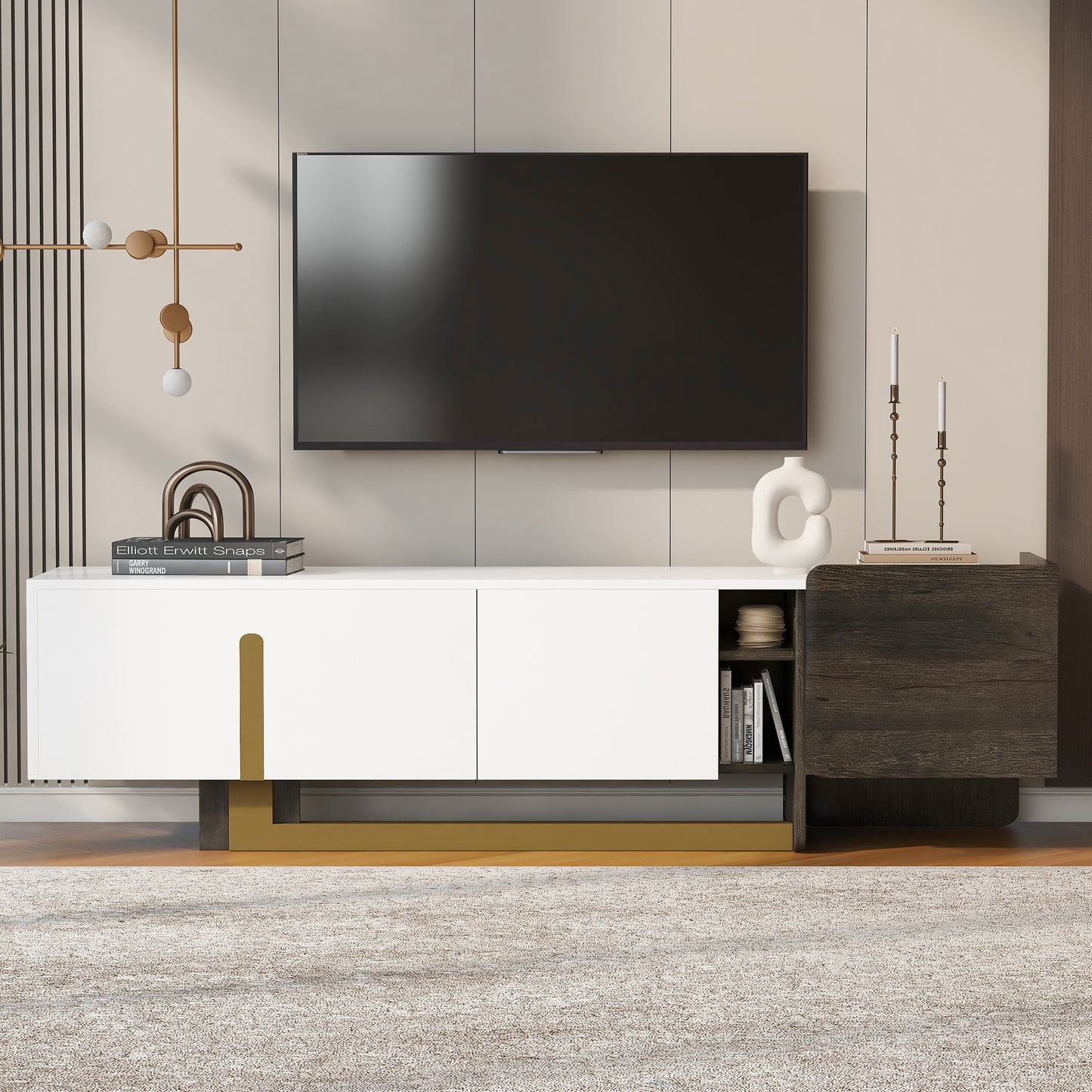 VIBE HAUS  66.7 Light Luxury TV Stand For TVs Up To 70 Inches, Modern TV Cabinet With Metal Legs, 1 Drawer, 2 Cabinets And Adjustable Shelves For Living Room