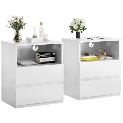 Set Of 2 End Table With Fast USB C Charging Station, Sofa Side Table With 2 Drawers, Large Storage Modern Wood Storage Cabinet For Living Room,Bedroom,Office, White