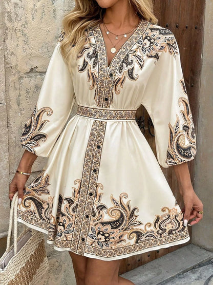 Printed Balloon Sleeve Mini Dress