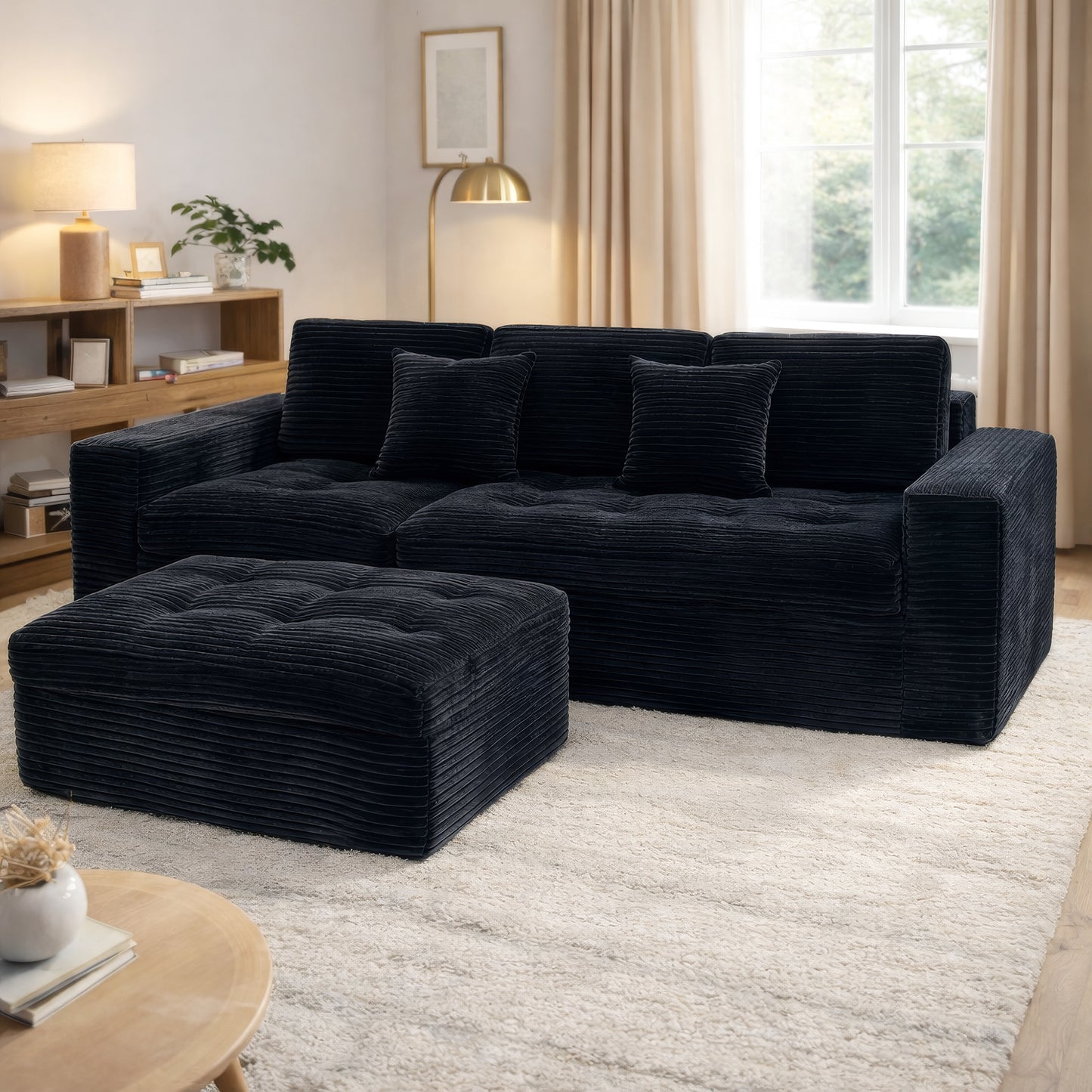 Modular Cloud Sofa Set, 105 DIY Sectional With Ottoman, Pure Foam, Faux Rabbit Fur Velvet, Comfortable Living Room Couch Black