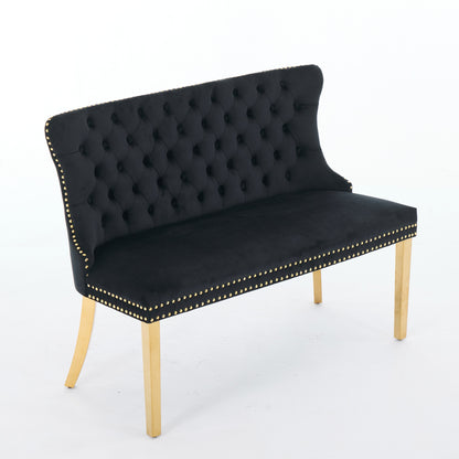 Velvet Double Dining Loveseat Bench, Kitchen & Dining Seating, 2-Seat Tufted Bench W  Handmade Buttons, Wing Back, Gold-Plated Steel Legs, Mid Century Modern,Single Pack,Black