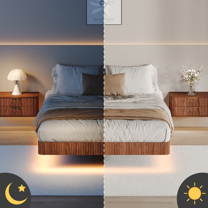 Walnut Queen Floating Bed Frame With LED Lights, Wave Curve Wood Texture Bed With Heavy Duty Metal Slats - No Box Spring Needed.