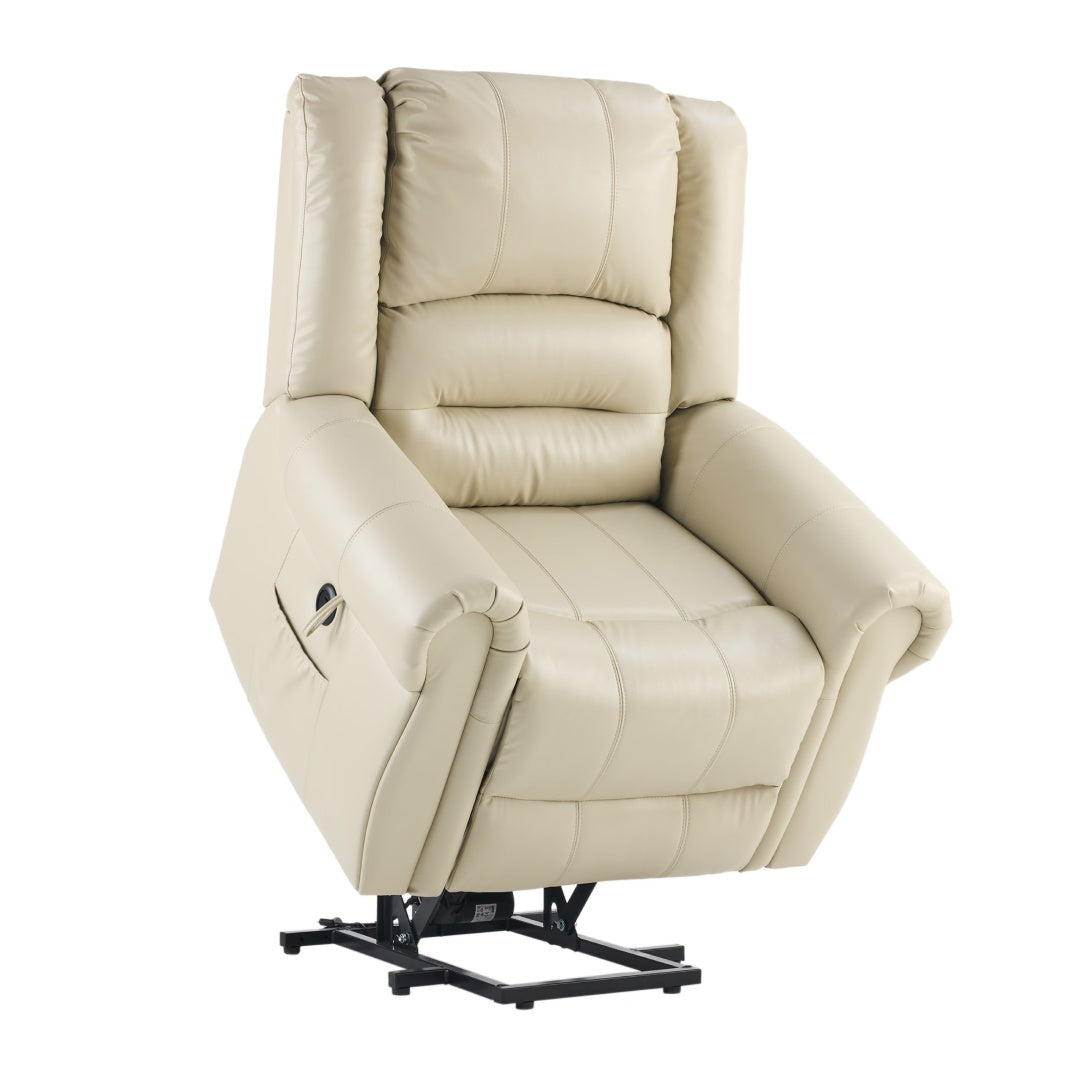Power Lift Recliner Chair With Massage & Heat, Single Motor Lift Chair, Breathable PU Faux Leather, USB & Type-C, Side Pockets, Cream